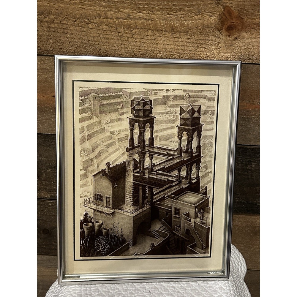 M.C Escher Lucid Lines Art Waterfalls‎ Print On Glass RARE Wall ART